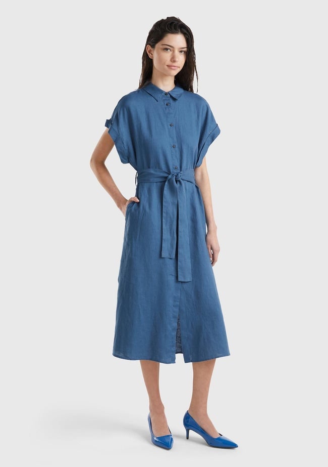  Kadın Gece Mavisi %100 Keten Önü Düğme Kapamalı Beli Kuşaklı Midi Elbise