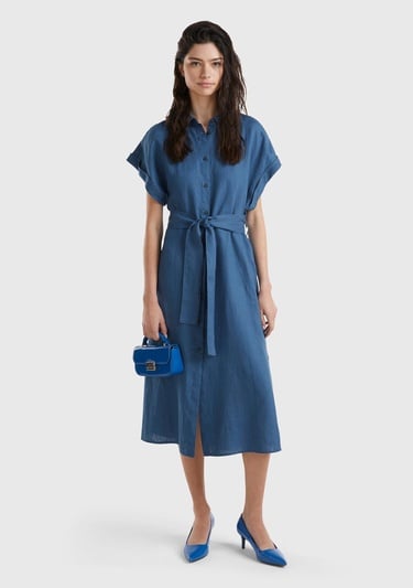  Kadın Gece Mavisi %100 Keten Önü Düğme Kapamalı Beli Kuşaklı Midi Elbise