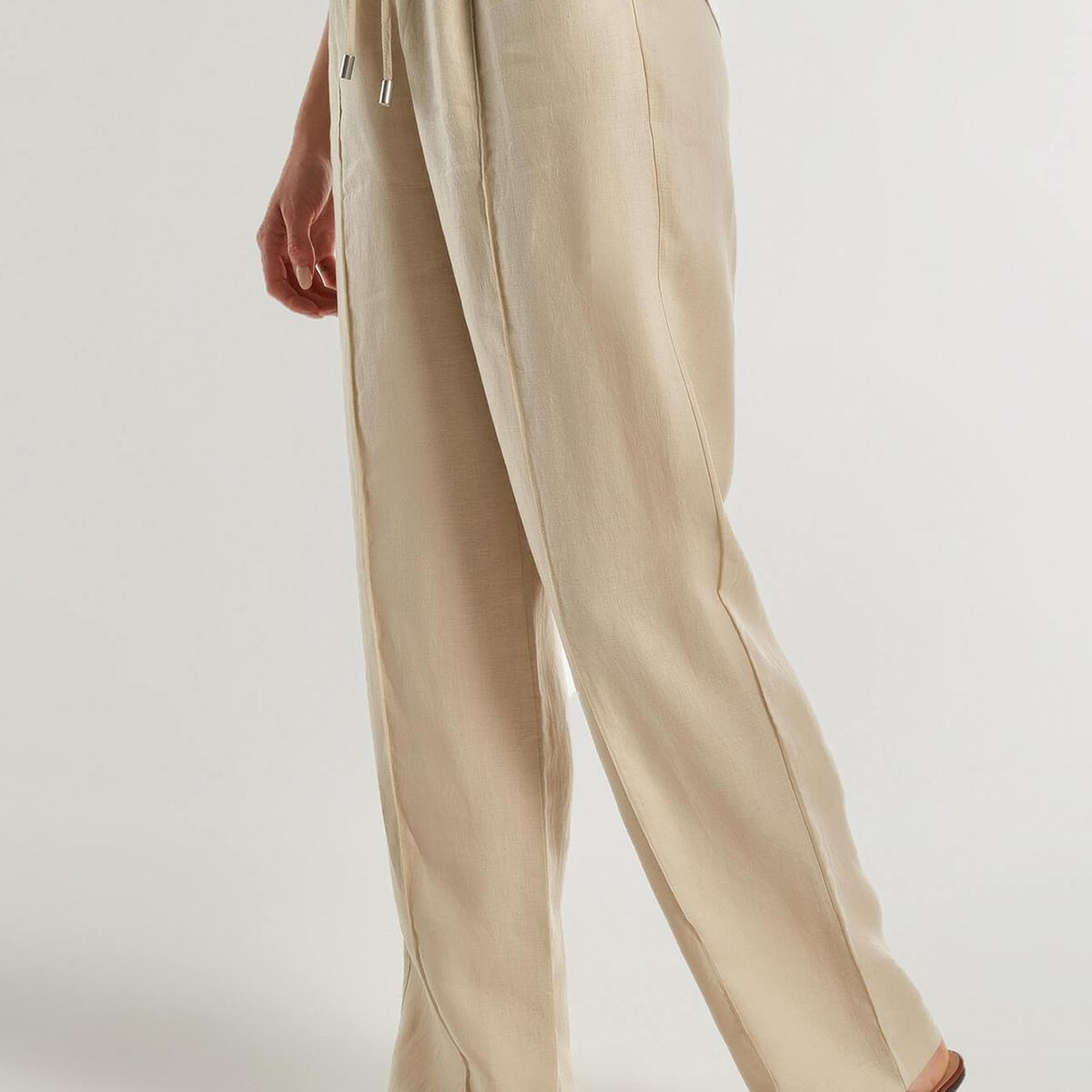 Kadın Bej %100 Keten Beli İpli Rahat Kalıp Pantolon