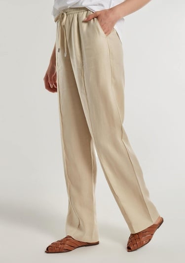 Kadın Bej %100 Keten Beli İpli Rahat Kalıp Pantolon