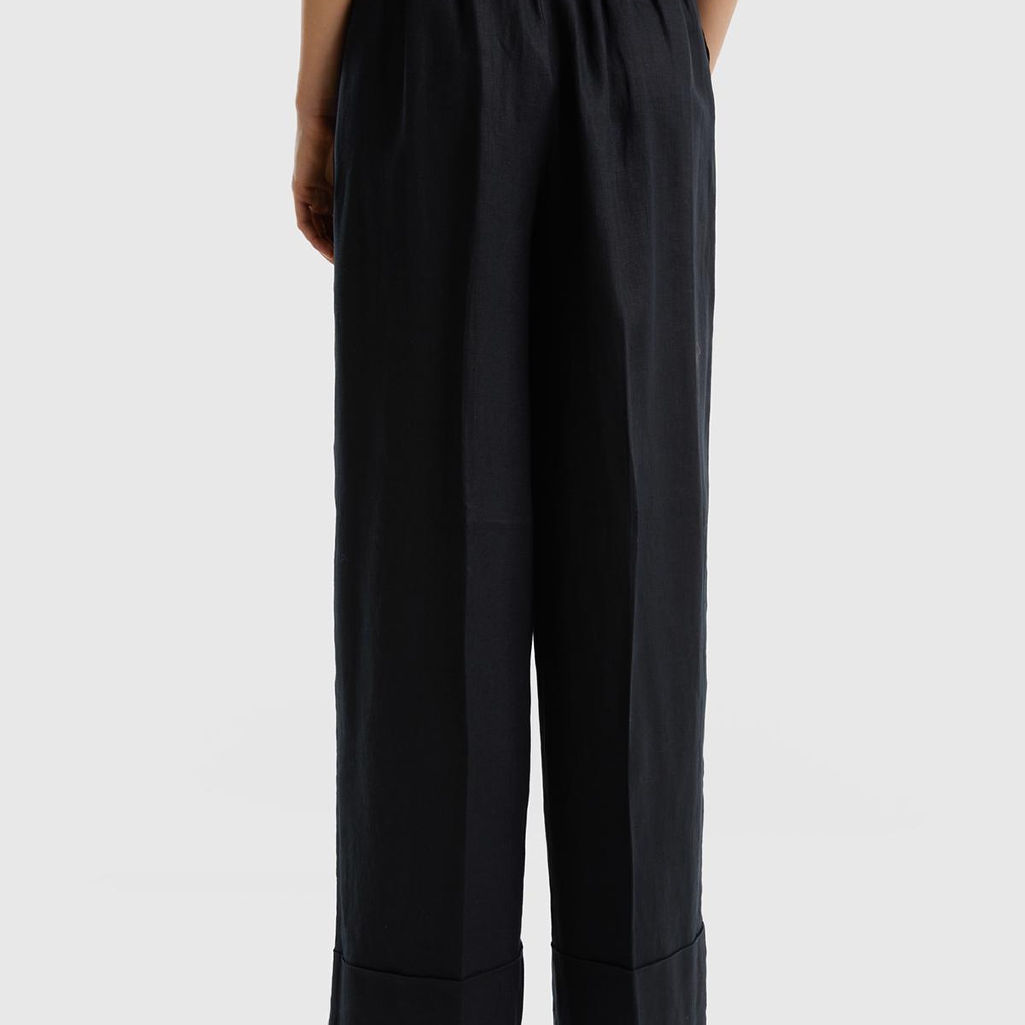 Kadın Siyah %100 Keten Beli Lastikli Geniş Kesim Pantolon