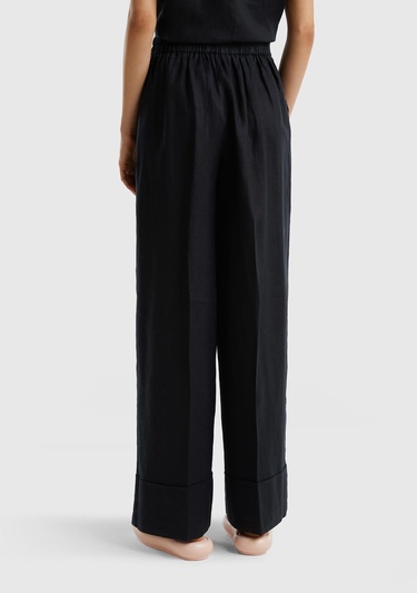  Kadın Siyah %100 Keten Beli Lastikli Geniş Kesim Pantolon