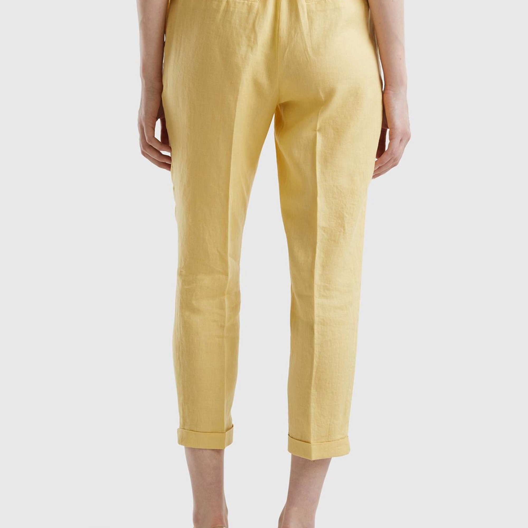 Kadın Açık Sarı %100 Keten Beli Lastikli Pantolon