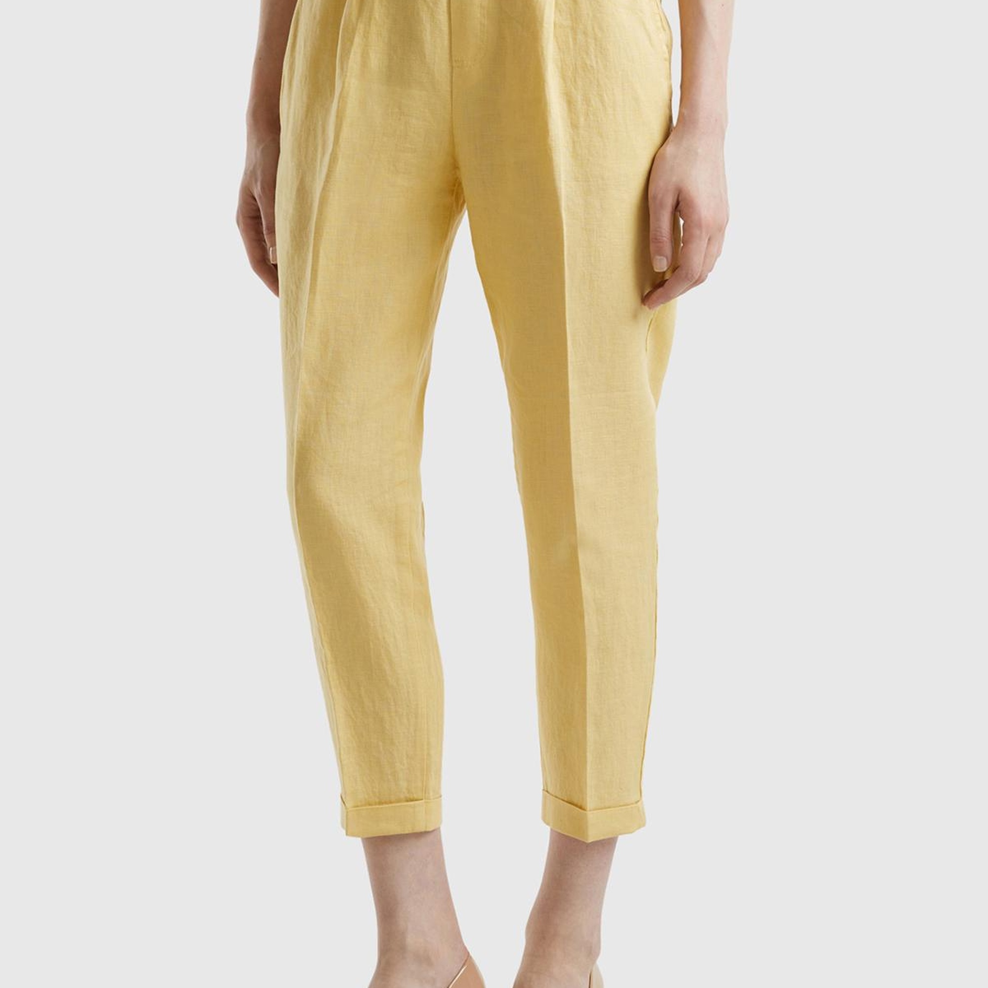 Kadın Açık Sarı %100 Keten Beli Lastikli Pantolon