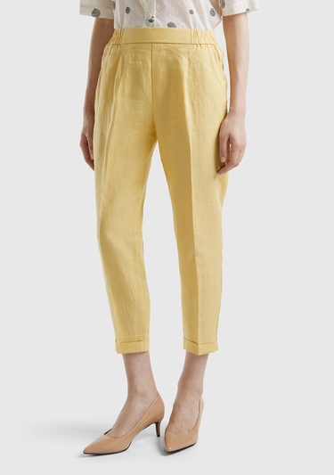  Kadın Açık Sarı %100 Keten Beli Lastikli Pantolon