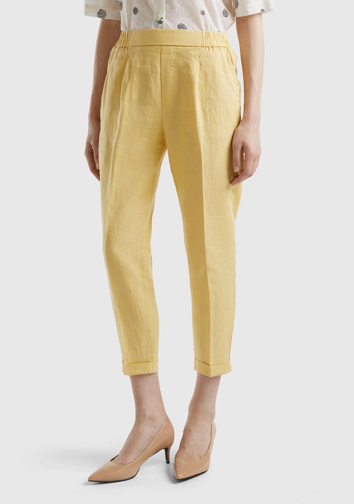  Kadın Açık Sarı %100 Keten Beli Lastikli Pantolon