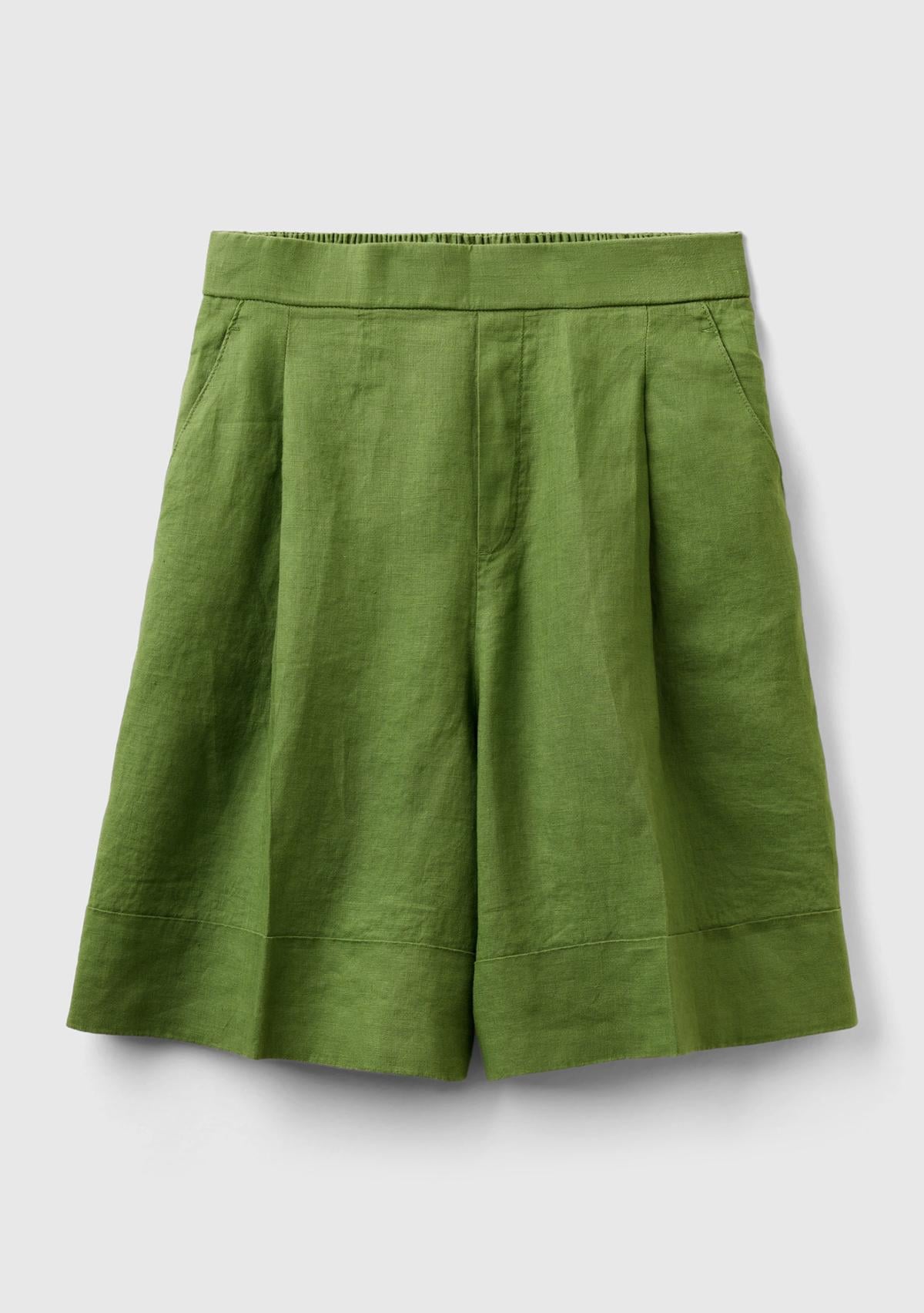  Kadın Soluk Yeşil %100 Keten Beli Lastikli  Bermuda Şort