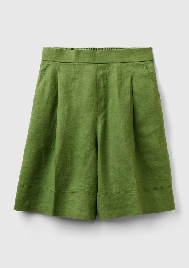  Kadın Soluk Yeşil %100 Keten Beli Lastikli  Bermuda Şort