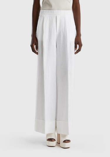  Kadın Beyaz %100 Keten Beli Lastikli Geniş Kesim Pantolon