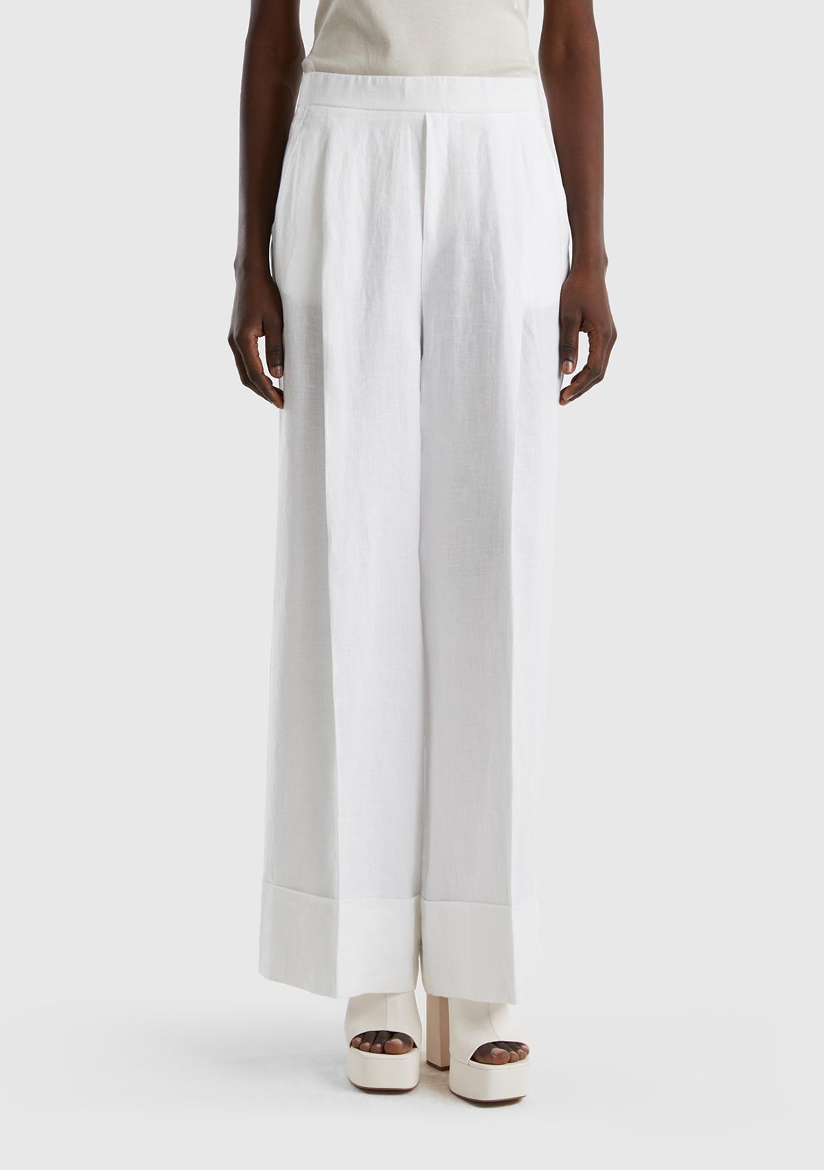  Kadın Beyaz %100 Keten Beli Lastikli Geniş Kesim Pantolon
