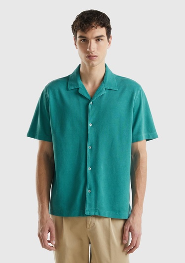  Erkek Adaçayı %100 Pamuk Tek Renkli Dekoratif Dikişli Kısa Kollu Gömlek