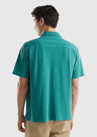  Erkek Adaçayı %100 Pamuk Tek Renkli Dekoratif Dikişli Kısa Kollu Gömlek