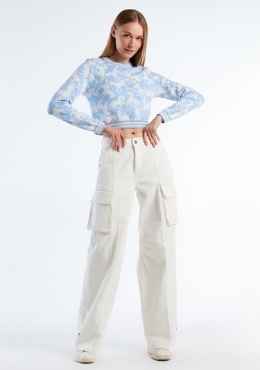  Kadın Krem %100 Pamuk Arkası Logo Etiketli Yama Cepli Bol Pantolon