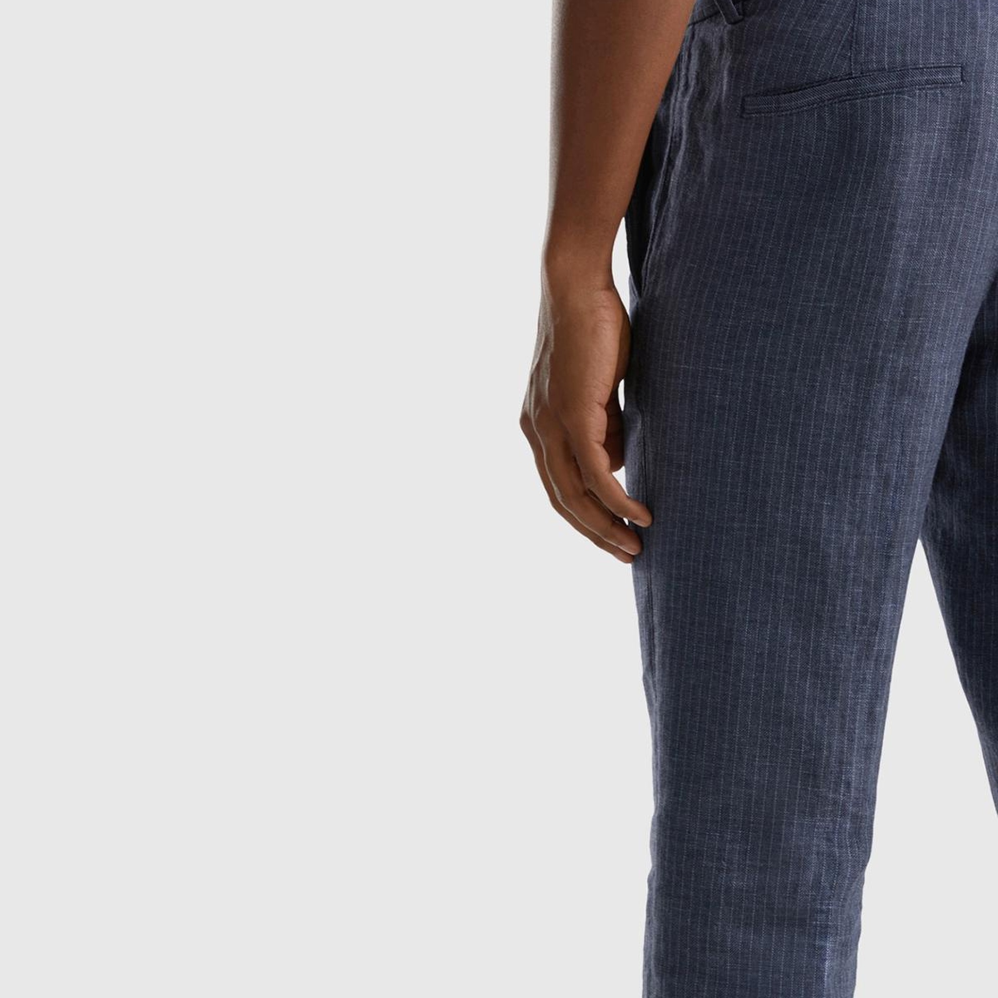 Erkek İndigo Keten Karışımlı Cebi Biyeli Pantolon