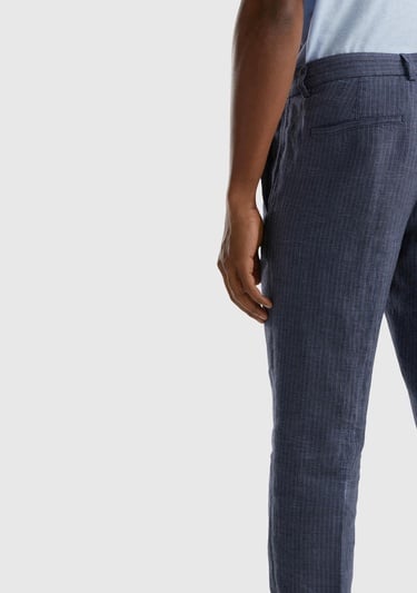  Erkek İndigo Keten Karışımlı Cebi Biyeli Pantolon