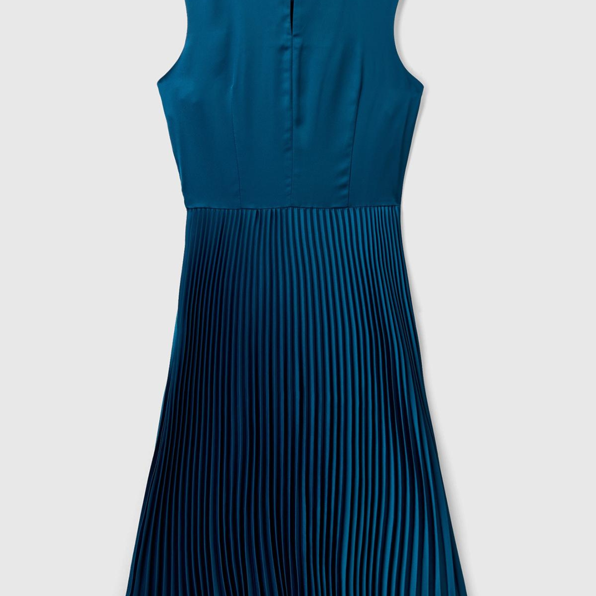 Kadın Petrol Mavisi Önü Detaylı Sıfır Kol Bisiklet Yaka Uzun Elbise