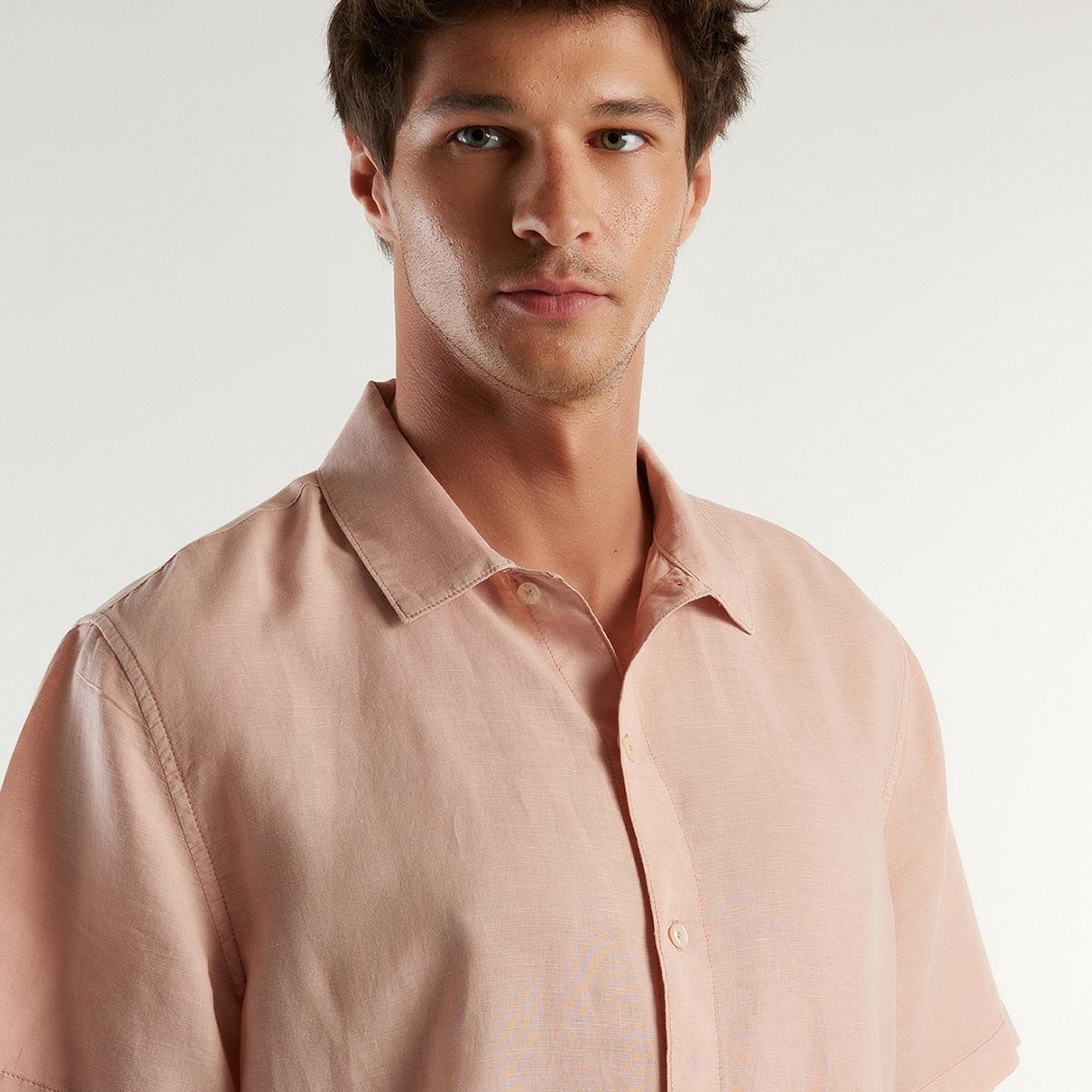 Erkek Taş Keten&Koton Karışımlı Kısa Kollu Regular Fit Gömlek