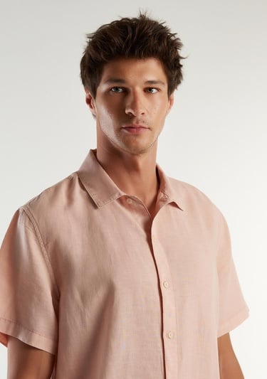  Erkek Taş Keten&Koton Karışımlı Kısa Kollu Regular Fit Gömlek
