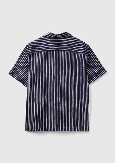  Erkek Koyu Mavi Keten Karışımlı Desenli Kısa Kollu Gömlek