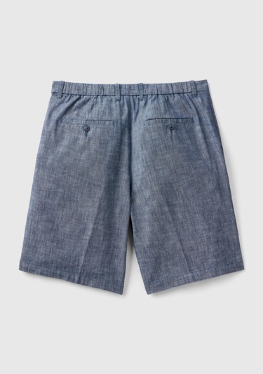  Erkek İndigo %100 Pamuk Önü Pileli Bermuda Şort