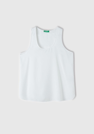  Kadın Beyaz %100 Viskoz Dekoratif Dikişli Geniş Bisiklet Yaka Kolsuz Bluz