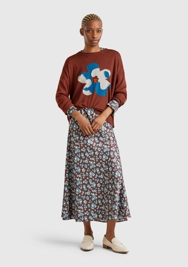  Kadın Kahverengi Viskoz Karışımlı Çiçek Desenli Kazak