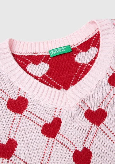  Kız Çocuk Açık Pembe Tamamı Kalp Desenli Kolsuz V Yaka Süveter