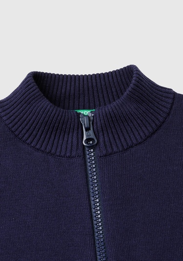  Erkek Çocuk Lacivert Etek Ucu Logo Detaylı Fermuarlı Dik Yaka Hırka
