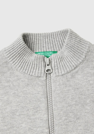  Erkek Çocuk Gri Melanj Etek Ucu Logo Detaylı Fermuarlı Dik Yaka Hırka