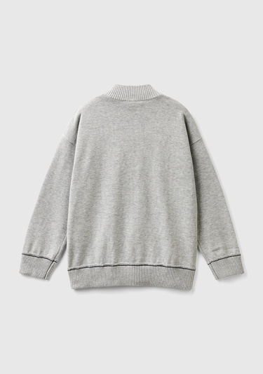  Erkek Çocuk Gri Melanj Etek Ucu Logo Detaylı Fermuarlı Dik Yaka Hırka