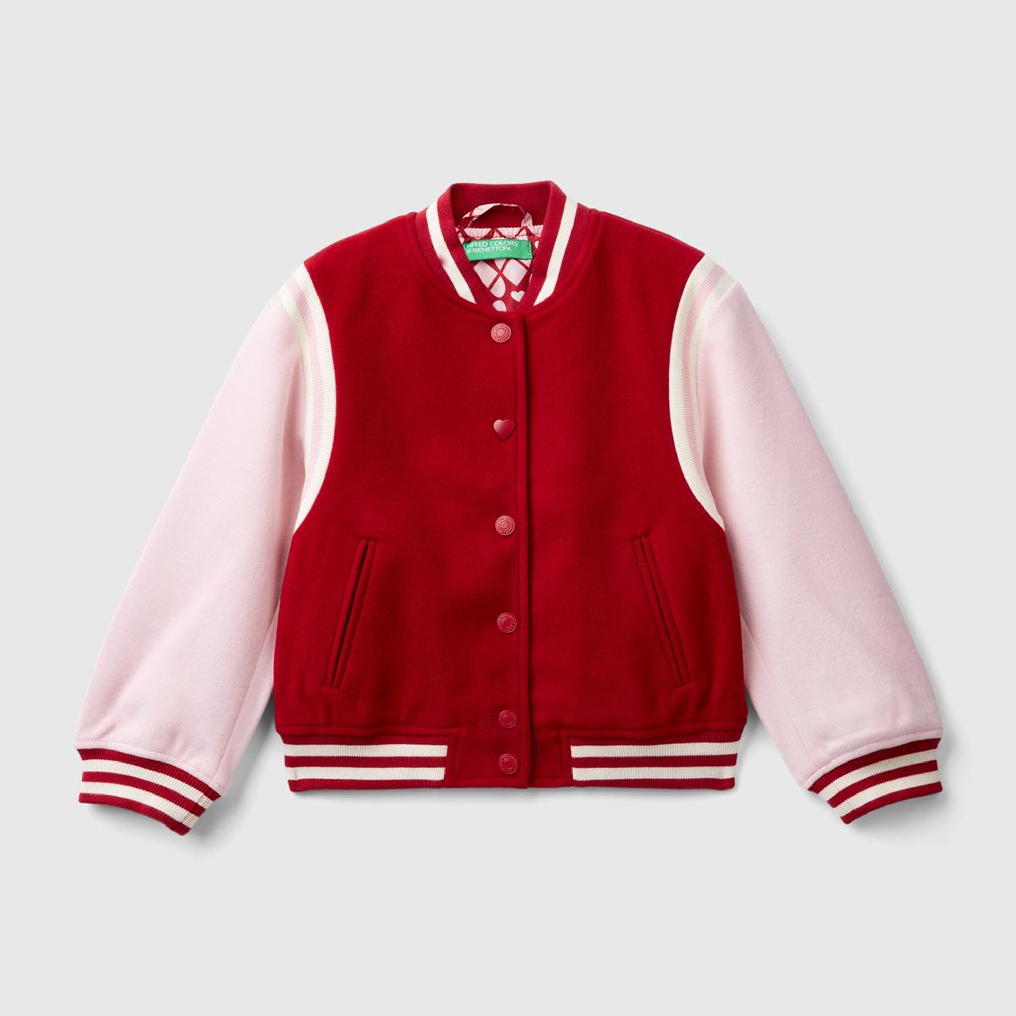 Kız Çocuk Kırmızı Arkası Logo Detaylı Kontrast Renkli Kalpli Düğmeli Bomber Ceket