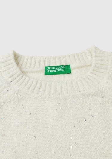  Kız Çocuk Ekru Kolları Örgü Detaylı Bisiklet Yaka Kısa Kazak