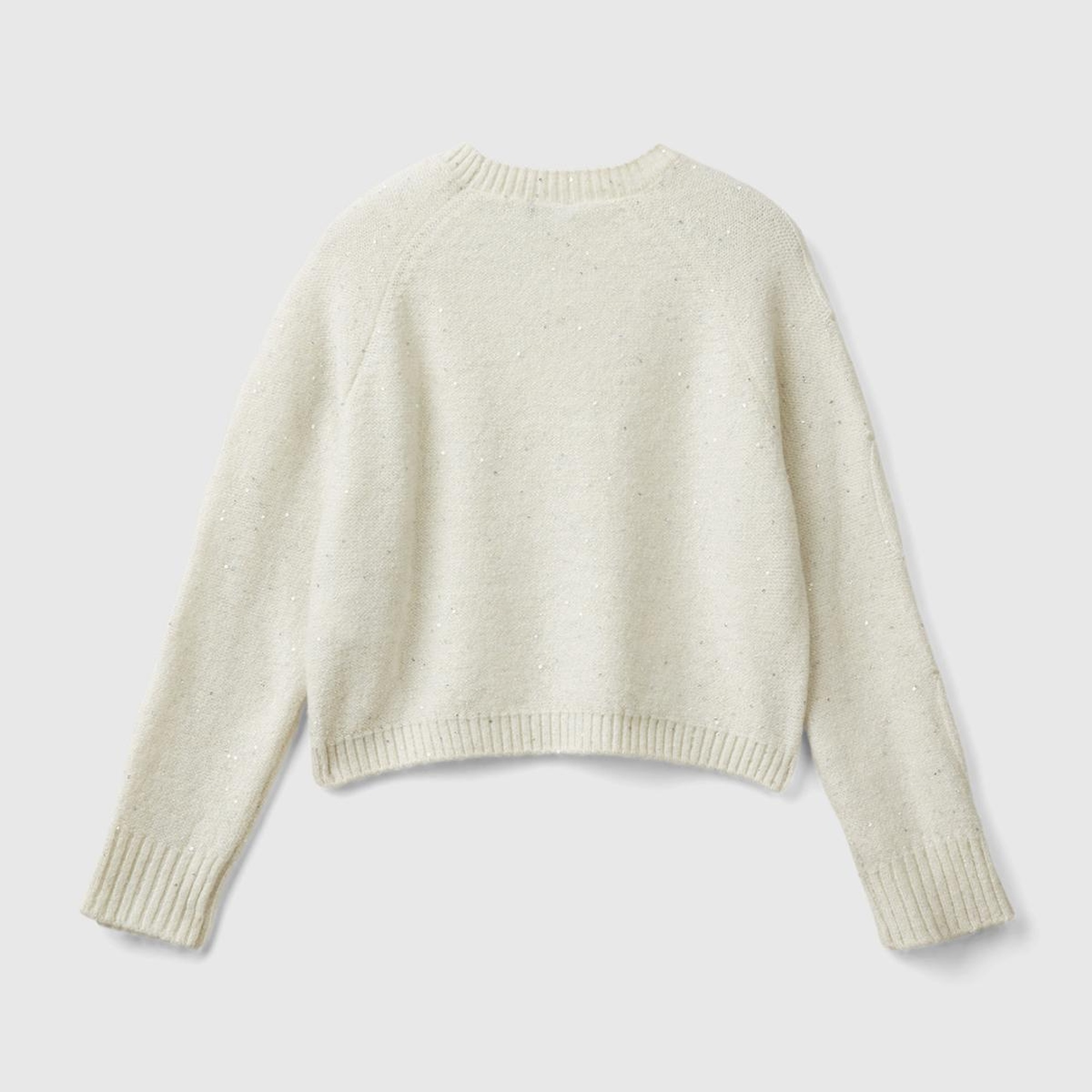 Kız Çocuk Ekru Kolları Örgü Detaylı Bisiklet Yaka Kısa Kazak