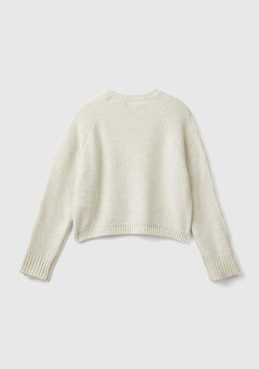  Kız Çocuk Ekru Kolları Örgü Detaylı Bisiklet Yaka Kısa Kazak