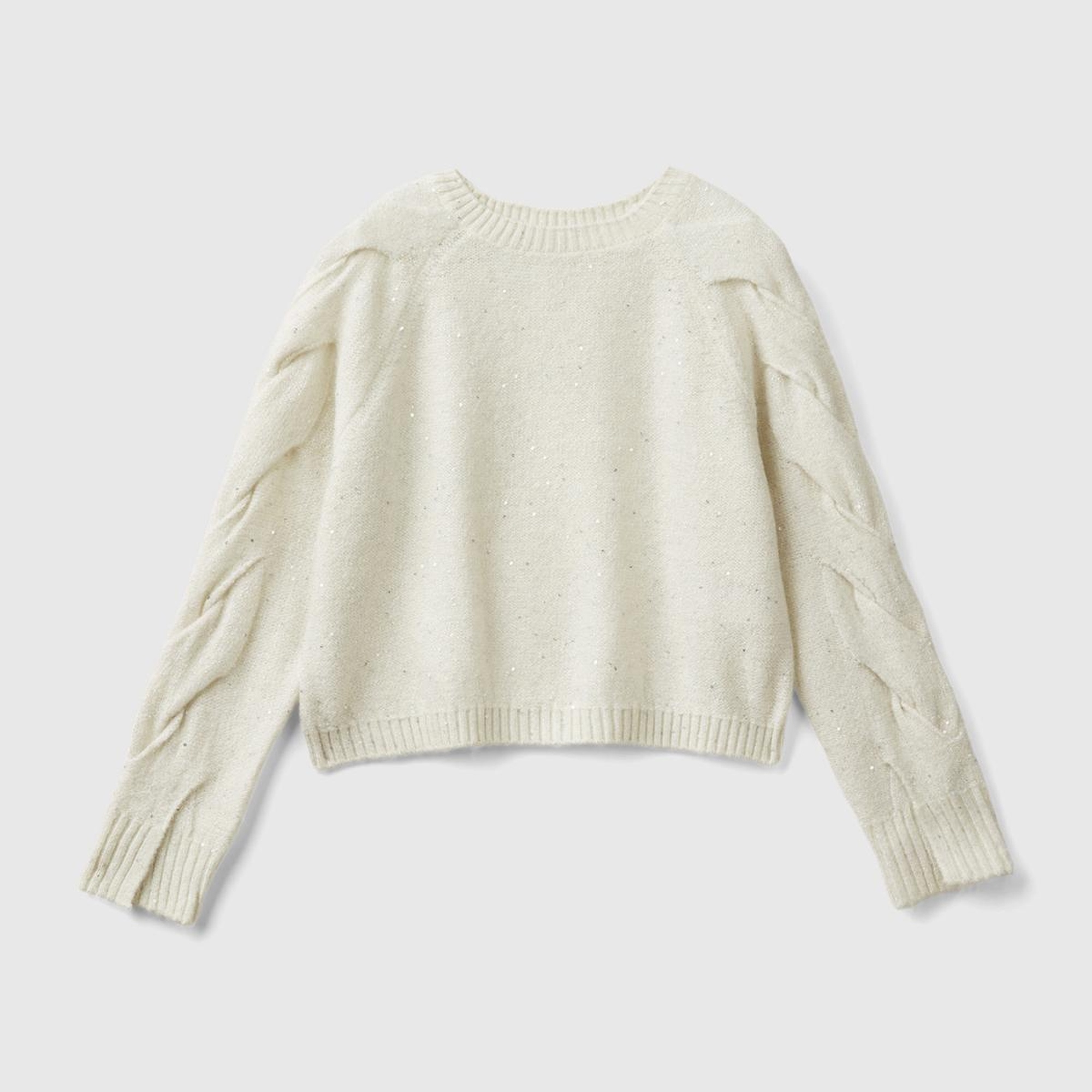 Kız Çocuk Ekru Kolları Örgü Detaylı Bisiklet Yaka Kısa Kazak