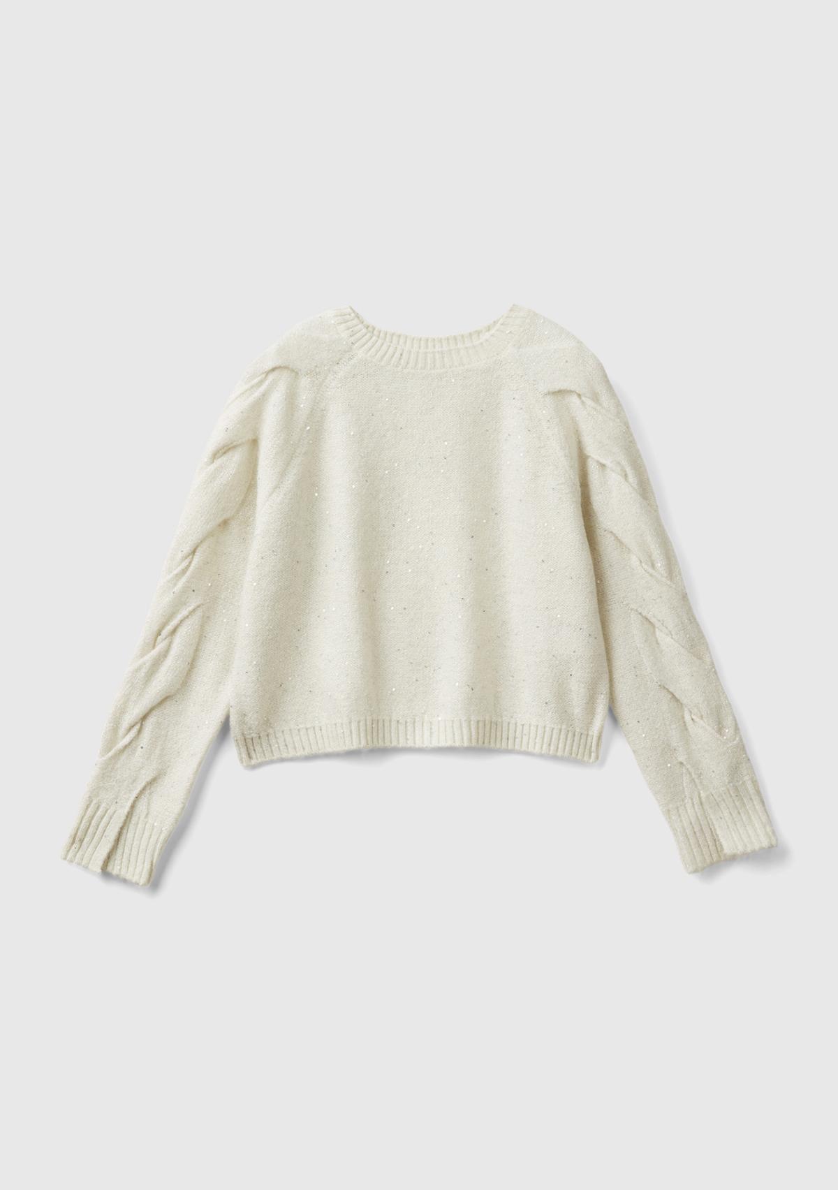  Kız Çocuk Ekru Kolları Örgü Detaylı Bisiklet Yaka Kısa Kazak