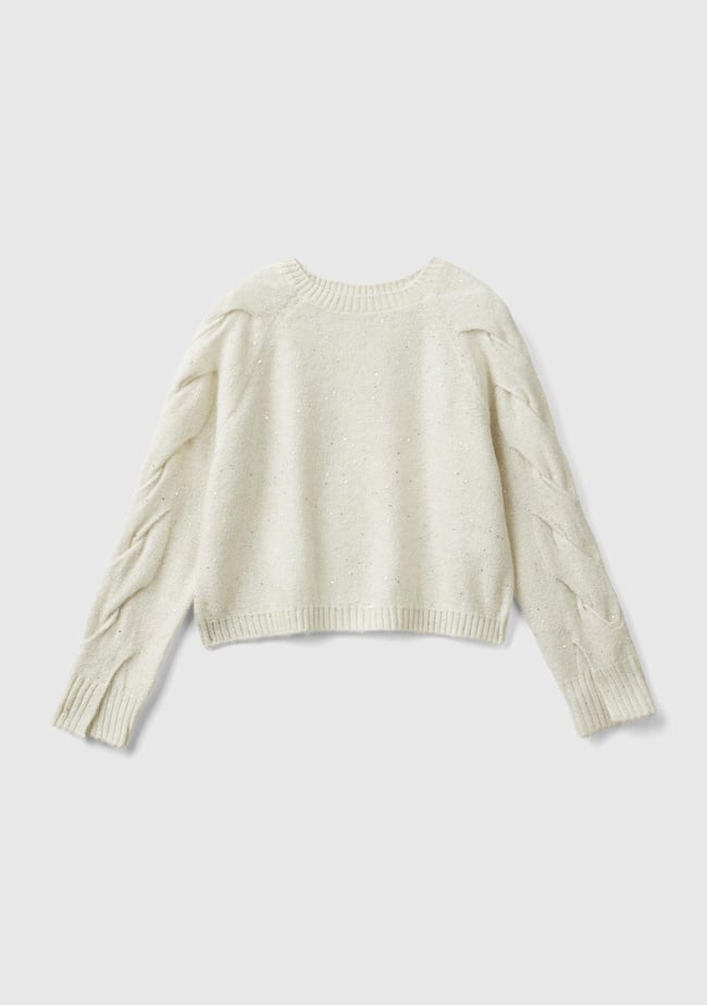  Kız Çocuk Ekru Kolları Örgü Detaylı Bisiklet Yaka Kısa Kazak