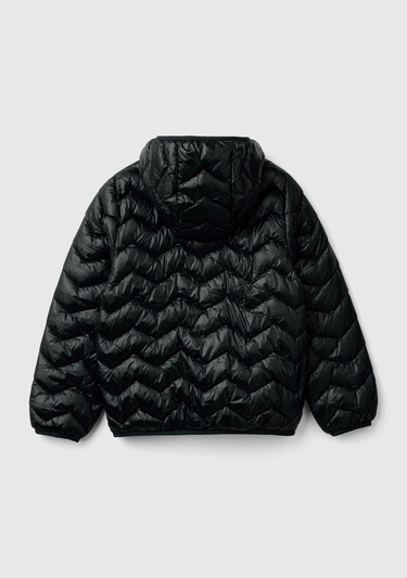  Kız Çocuk Siyah Logo İşlemeli Kapüşonlu İnce Pufa Mont