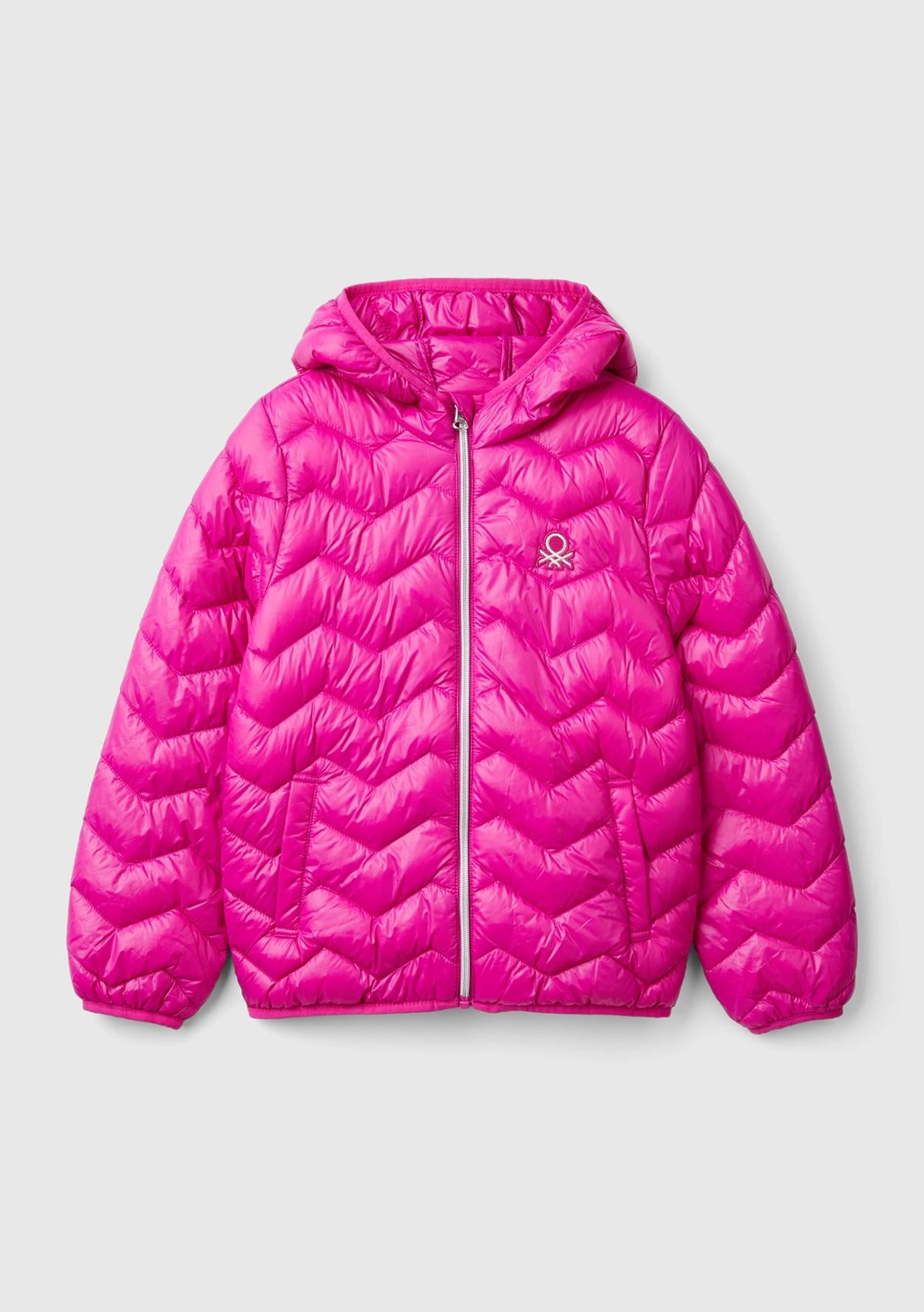  Kız Çocuk Fuşya Logo İşlemeli Kapüşonlu İnce Pufa Mont
