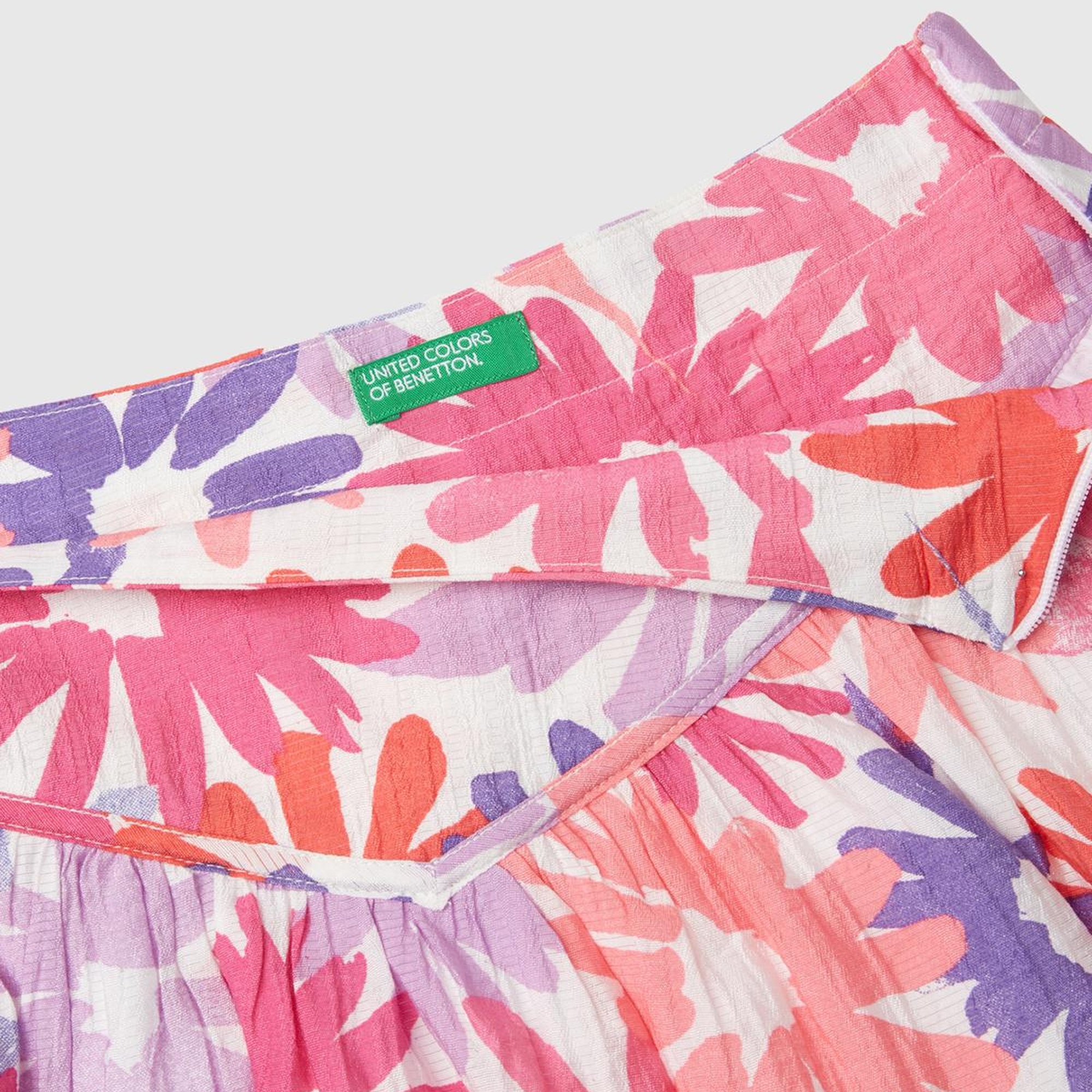 Kız Çocuk Pembe Mix Tamamı Çiçek Baskılı Beli Bant Detaylı Etek