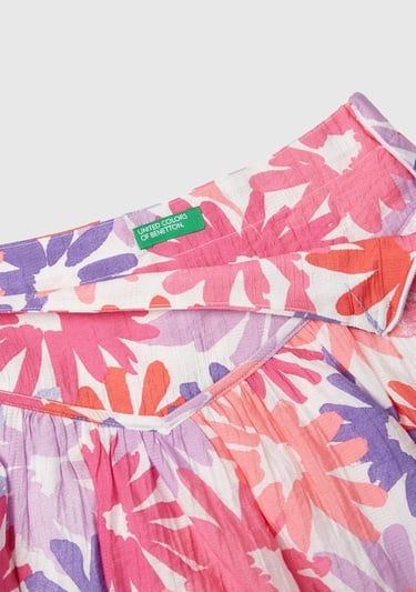  Kız Çocuk Pembe Mix Tamamı Çiçek Baskılı Beli Bant Detaylı Etek