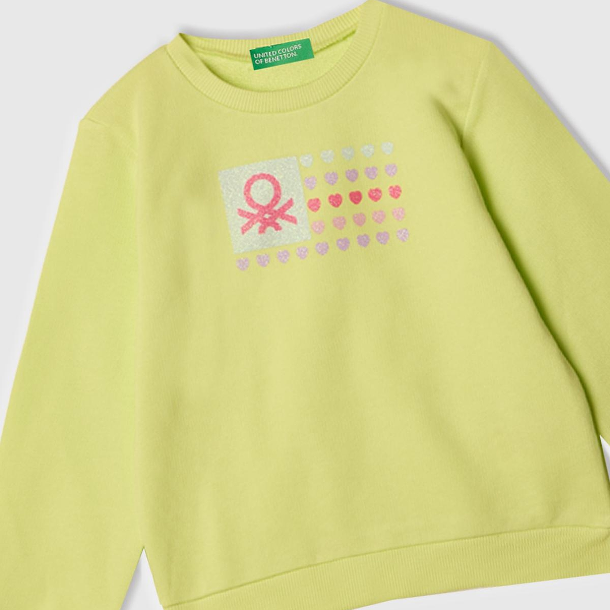 Kız Çocuk Sarı Simli Benetton Logo Baskılı Bisiklet Yaka Sweatshirt