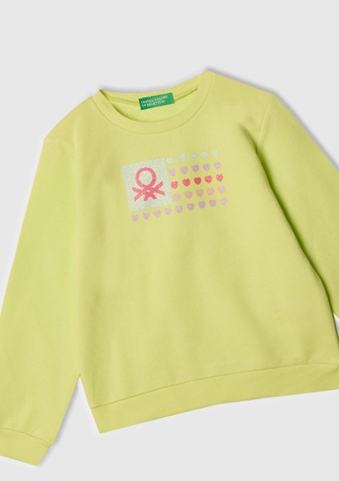  Kız Çocuk Sarı Simli Benetton Logo Baskılı Bisiklet Yaka Sweatshirt