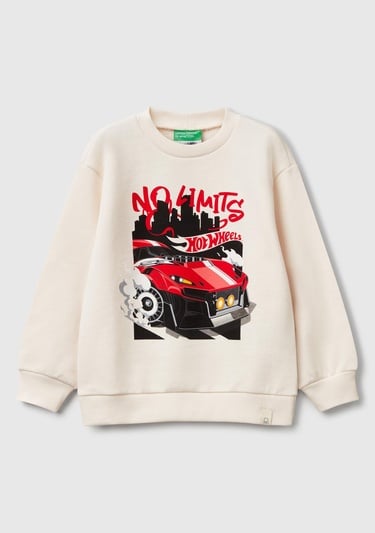  Erkek Çocuk Ekru Hot Wheels Baskılı Logo Etiketli Bisiklet Yaka Sweatshirt