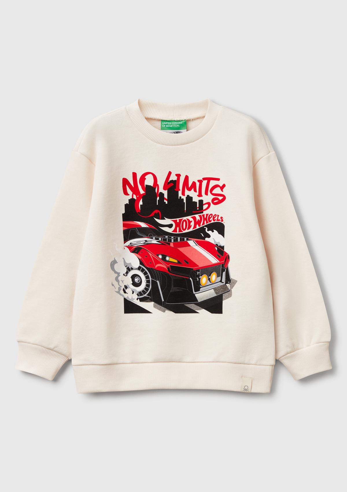  Erkek Çocuk Ekru Hot Wheels Baskılı Logo Etiketli Bisiklet Yaka Sweatshirt