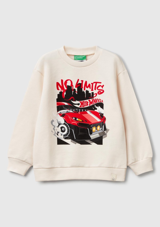  Erkek Çocuk Ekru Hot Wheels Baskılı Logo Etiketli Bisiklet Yaka Sweatshirt