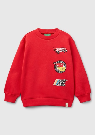  Erkek Çocuk Kırmızı Hot Wheels Baskılı Logo Etiketli Bisiklet Yaka Sweatshirt