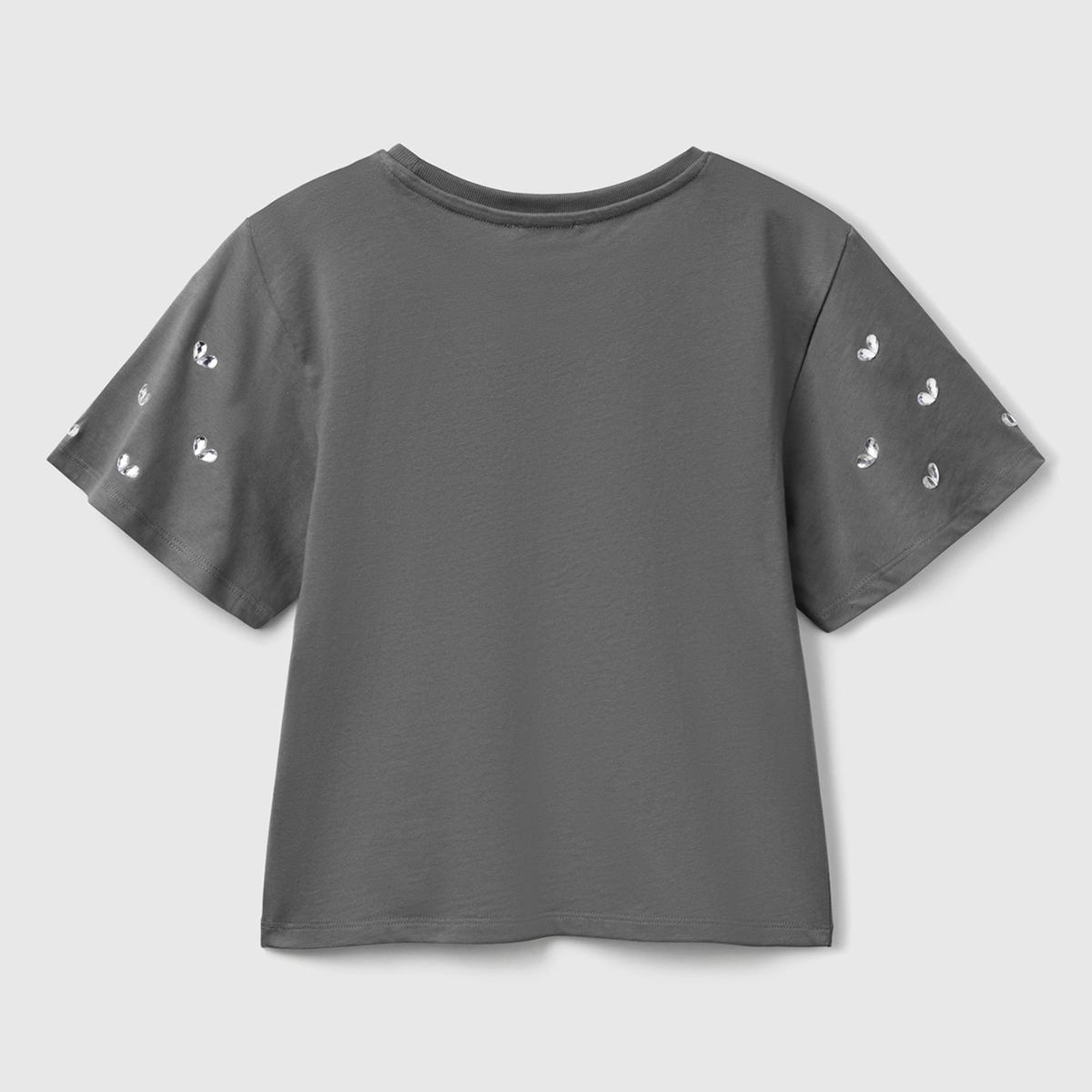 Kız Çocuk Antrasit Kolları Taş Detaylı Ribana Yakalı T-Shirt