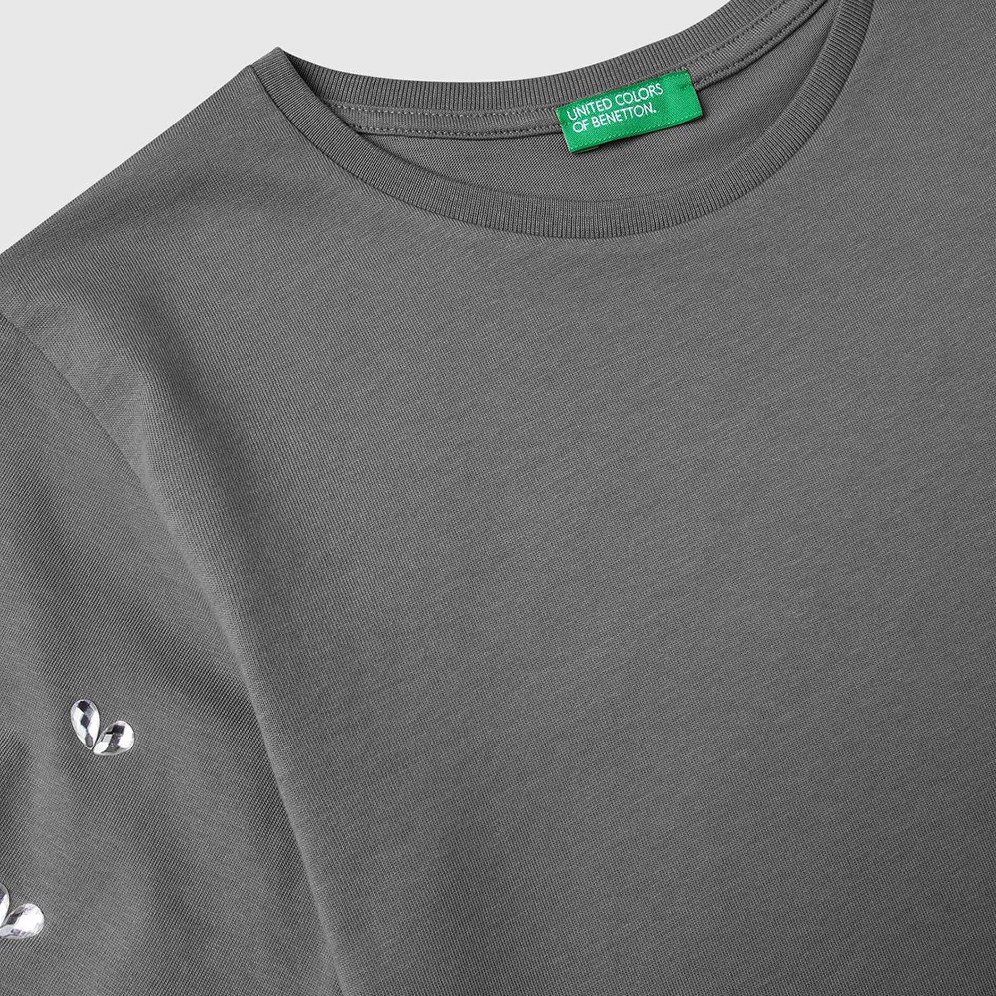 Kız Çocuk Antrasit Kolları Taş Detaylı Ribana Yakalı T-Shirt