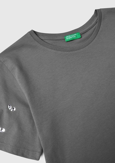  Kız Çocuk Antrasit Kolları Taş Detaylı Ribana Yakalı T-Shirt